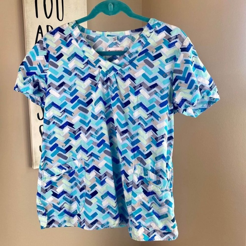 White Cross Blue Pattern Scrub Top